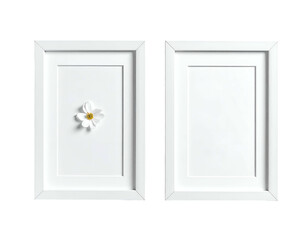 Two white picture frames, one holding a delicate white flower, on a black backdrop