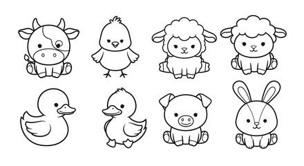 Cute Black and White Line Art Cartoon Baby Farm Animals Vector Collection. Adorable Outline Drawings of Cow, Chick, Sheep, Duck, Pig, and Rabbit Icons for Kids.