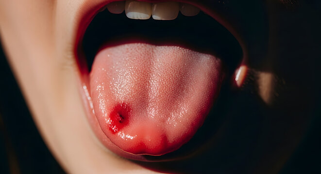 Close-up of a sore on a person's tongue. Generative AI