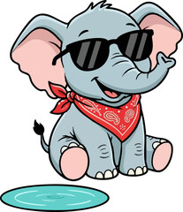 Fototapeta premium Cute Cartoon Baby Elephant with Sunglasses and Bandana