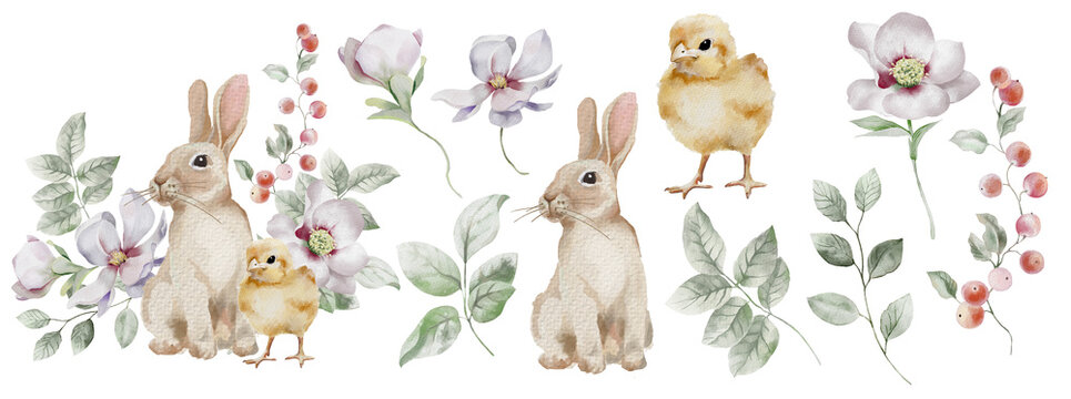 Watercolor Easter composition with bunnies and flowers.