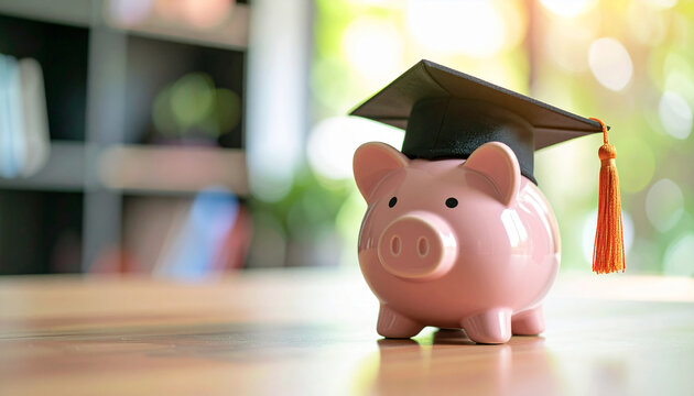Piggy bank wearing graduation cap on desk, college fund and financial planning concept