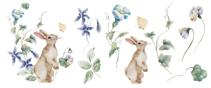 Watercolor Easter composition with bunnies and flowers.