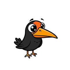 Cute cartoon black bird with orange face and big eyes, isolated on white background