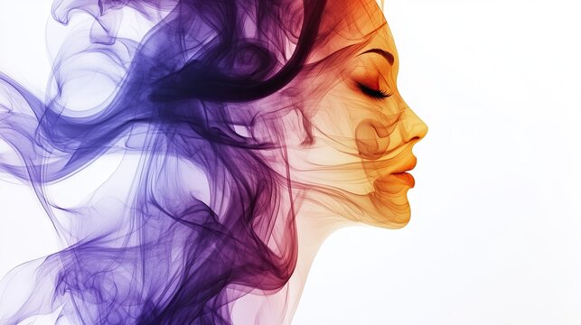 Mystical side view of a woman with purple and blue smoke rising and blending into her face and hair in an artistic double exposure style