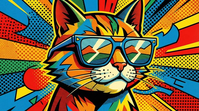 Cool cat wearing reflective sunglasses bursts forward in a vibrant pop art style against a colorful radial comic book background explosion.