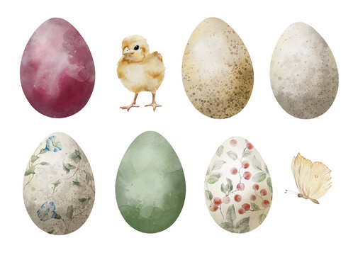 Easter egg clip art set. Easter painted eggs and chicks.