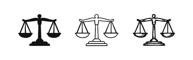 Scales of Justice Icons Set. Hand-Drawn Sketch and Outline Law and Legal Symbols for Court and Equity