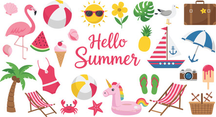 Hello summer vacation elements collection with flamingo beach ball pineapple swimsuit deck chair and travel icons vector illustration © Kharshad Creative