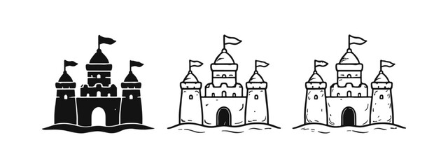 Sandcastle Icons Set. Hand-Drawn Sketch and Outline Sand Castle Symbols for Beach or Summer Design Elements © drawing lines