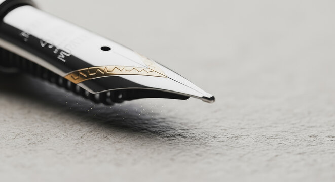 Elegant close-up of a luxurious fountain pen nib with gold accents, symbolizing refined writing and professional craftsmanship.