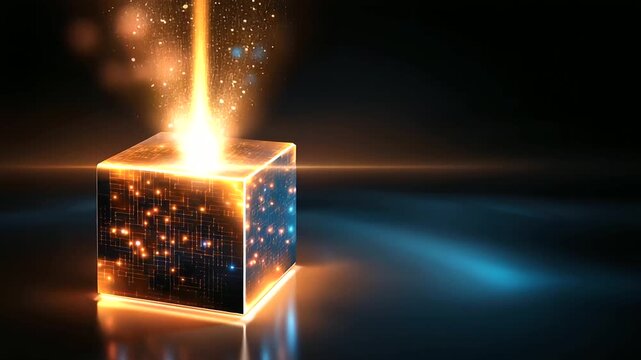 Illuminated cube emitting bright light symbolizing innovation in decentralized exchange interface layered design, blockchain illumination, with copy space