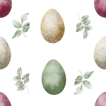 Easter seamless pattern in watercolor style with Easter eggs, chicks, and plants.