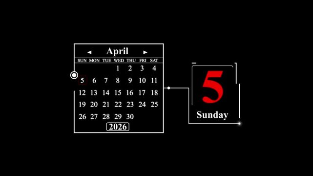 April 5th 2026 Sunday Calendar Display date. A very important date in the calendar. Signing a day on a calendar.