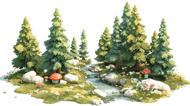 Realistic Style Forest Stream Microlandscape Scene