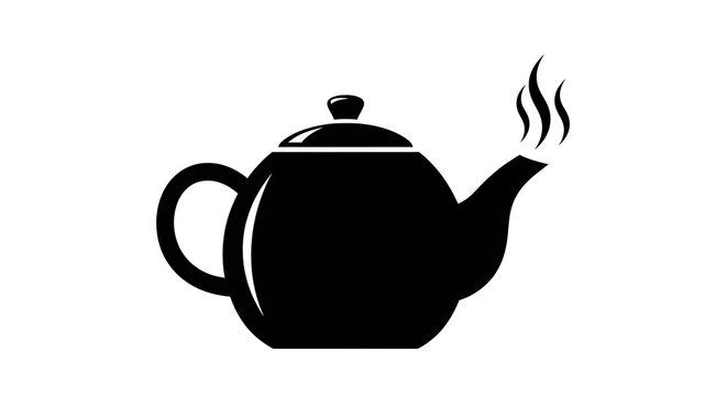 A simple black silhouette of a teapot with steam rising from the spout on a white background.