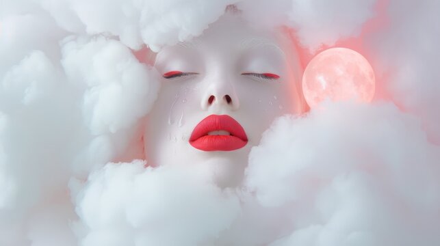 A woman is sleeping in a cloud of white and red. The cloud is made of cotton candy and the woman is wearing red lipstick