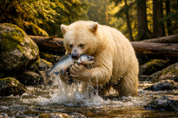 Spirit Bear holding salmon in forest river, Canada Pacific Fjords and Cascades
