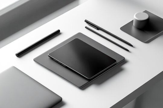 Sleek dark monochrome flat-lay of a black tablet, stylus pens, wireless earbuds case, rectangular mat, and cylindrical object arranged neatly on white