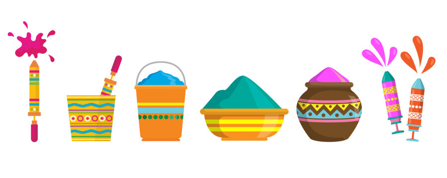 Colorful set of Holi festival celebration elements like pichkari and gulal isolated on white.