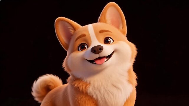 Happy animated Corgi dog with closed eyes and tongue out, smiling joyfully against black background &mdash; cute pet character, 3D render, emotional expression
