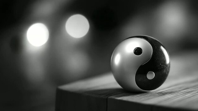 Black and white yin yang symbol representing balance concept, harmony in duality visualization, curved shapes illustrating interconnectedness, opposing forces symbolism, unity