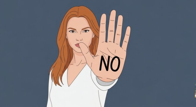 No  Redhead raises hand with NO written with refusal gesture, and dark background.