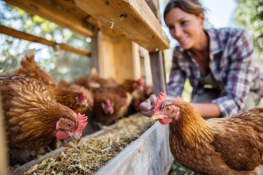 Chicken owner feeding hens in backyard coop