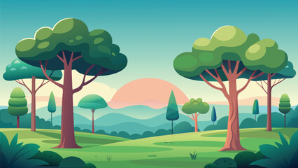Fototapeta premium Peaceful forest landscape with vibrant sunset and scattered trees
