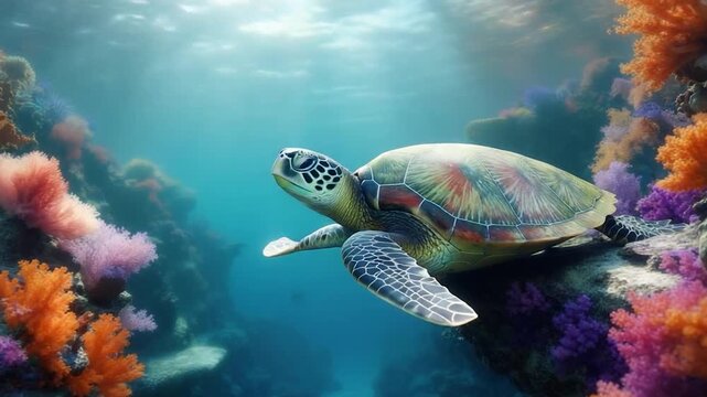 A vibrant underwater scene showcases a sea turtle gliding past colorful coral reefs