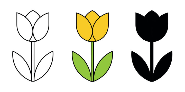 Minimalist yellow tulip icon with two green leaves, featured in linear, flat color, and solid black silhouette styles.
