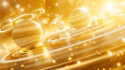 Obraz premium A gold and yellow space scene with a large planet in the center. The planet is surrounded by many smaller planets, and there are also many stars in the background. The scene is very bright