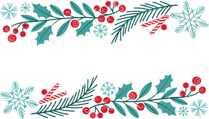 Christmas Decorative Border with Holly, Candy Canes, and Snowflakes