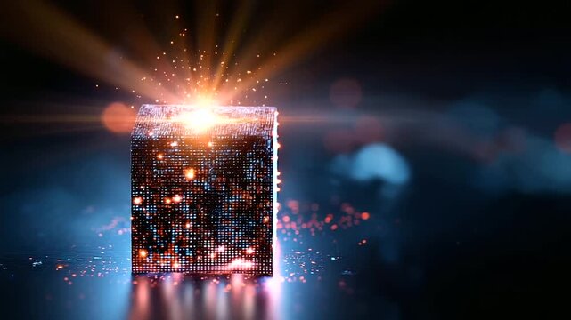 Dazzling cube composed of glowing lights emitting radiant energy in futuristic digital environment, luminous pixel box, with copy space
