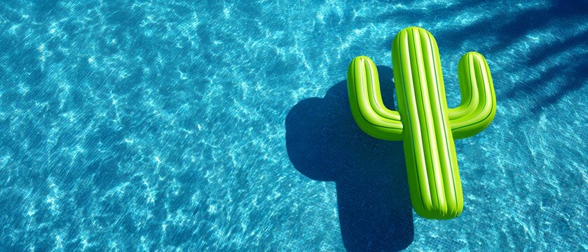 Green inflatable cactus floating on clear blue pool water with sunlight reflections