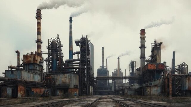 A weathered industrial complex with tall smokestacks emitting plumes, under a cloudy sky
