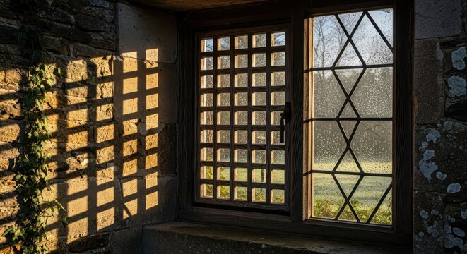 Sunlit Diamond Window Frames Inside an Old Stone Room.