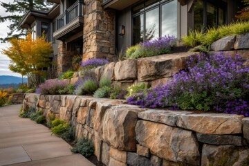 Obraz premium Luxury home exterior with stone retaining wall and purple flowers