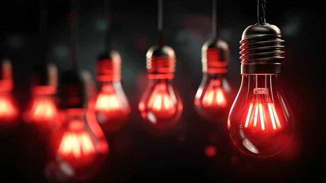 Row of vibrant red light bulbs illuminating dark space representing corporate change and organizational strategy, crimson innovation sequence, with copy space