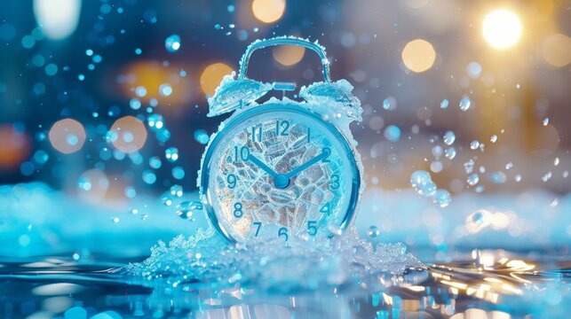 A clock is sitting in a pool of water, with the hands pointing to the numbers 3 and 9. The water is frozen, creating a beautiful and serene scene