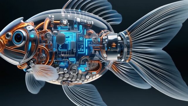 Futuristic mechanical goldfish with transparent glass body and glowing blue internal circuits swimming in dark water, macro shot