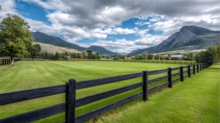 Fototapeta premium Green pasture with black fence framing mountain landscape