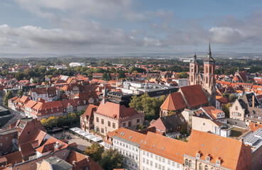 Aerial drone view of Goettingen (Göttingen) old town in Germany, featuring red-roofed historic...