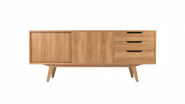Mid century modern wooden sideboard with sliding door and three drawers, natural finish, minimalist style, home interior furniture