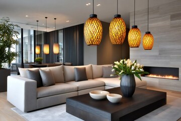 Naklejka premium Modern living room interior with stylish pendant lights and fireplace