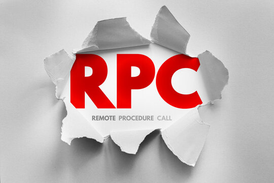 RPC text with remote procedure call concept emerging from torn paper design, illustrating distributed computing, server communication, application integration and network function execution