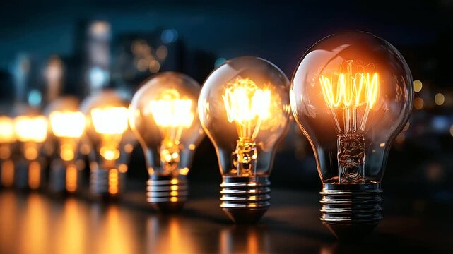 Row of light bulbs depicting corporate innovation cycle roadmap concept with symbolic representation of ideas, sequential illumination, with copy space