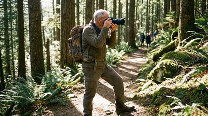 Fototapeta premium Senior man taking photos with a camera in a lush forest