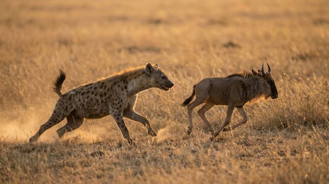Spotted hyena chasing a wildebeest calf across the dry savanna in golden light