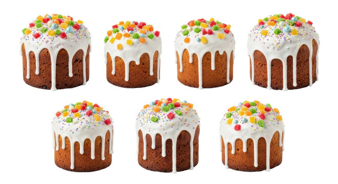 Seven traditional Easter cakes with white icing and colorful topping